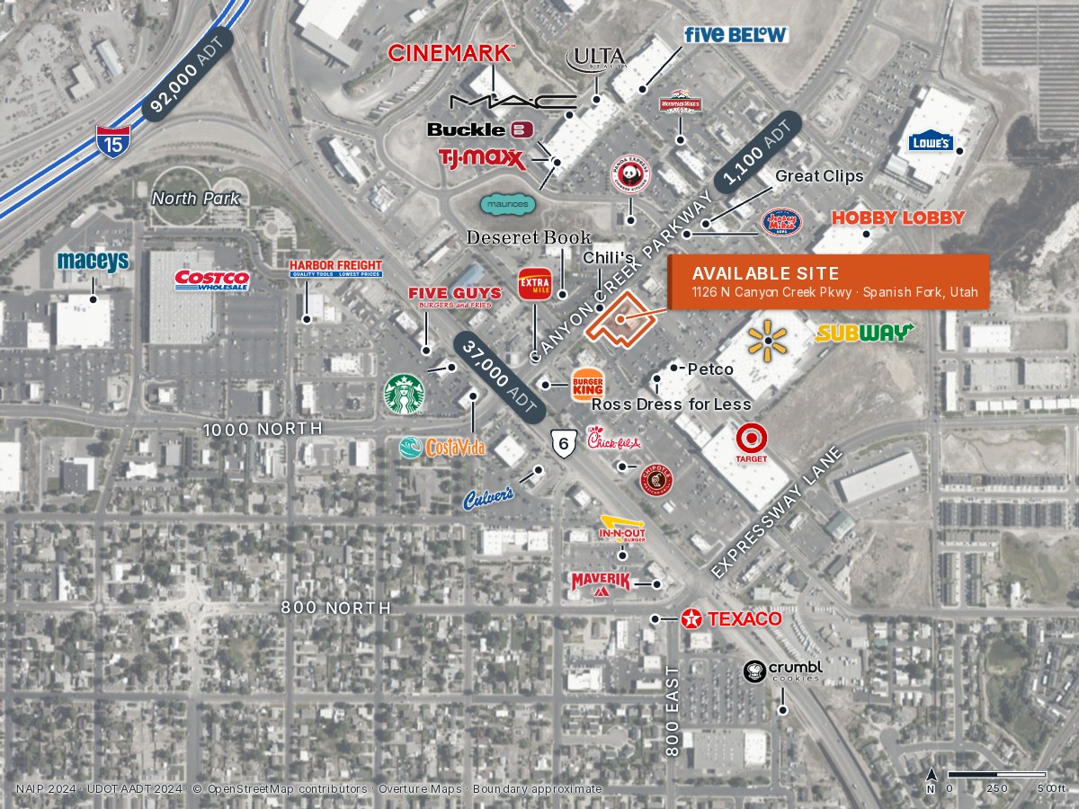 CRE Maps listing map of an available retail site at 1126 N Canyon Creek Parkway in Spanish Fork, Utah, with nearby retailer logos and daily traffic counts